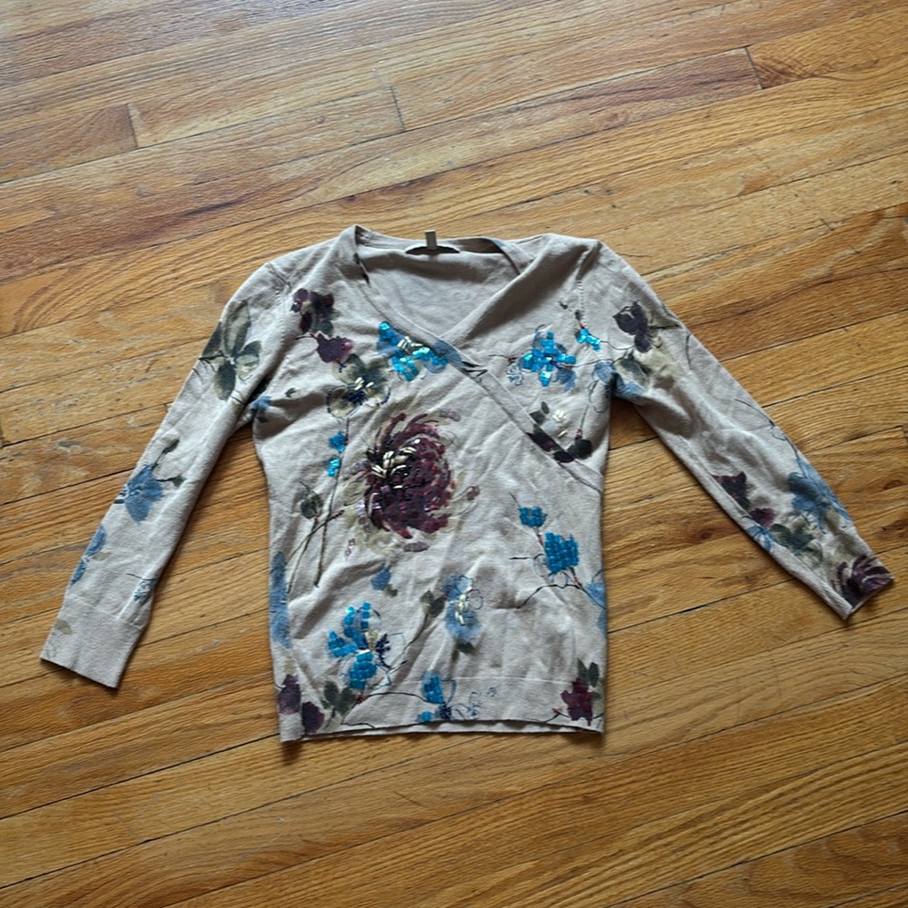 Easel Beaded Floral 3/4 Sleeve Sweater